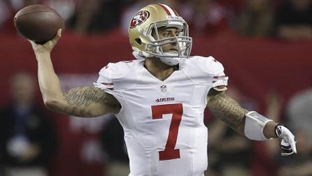 San Francisco 49ers quarterback Colin Kaepernick passes the ball during the first half of the NFL football NFC Championship game.
