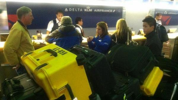 ABC7 News luggage piled up and ready to go.