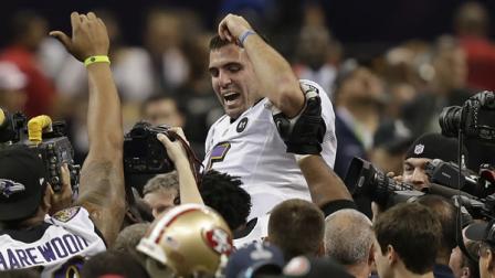 Baltimore Ravens quarterback Joe Flacco (5) is lifted into the air by teammates after defeating the San Francisco 49ers 34-31 in the NFL Super Bowl XLVII football game, Sunday, Feb. 3, 2013, in New Orleans. (AP Photo/Bill Haber)