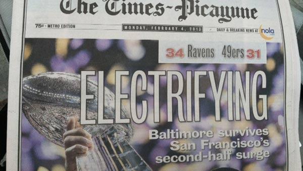 A local paper in New Orleans the day after Super Bowl.