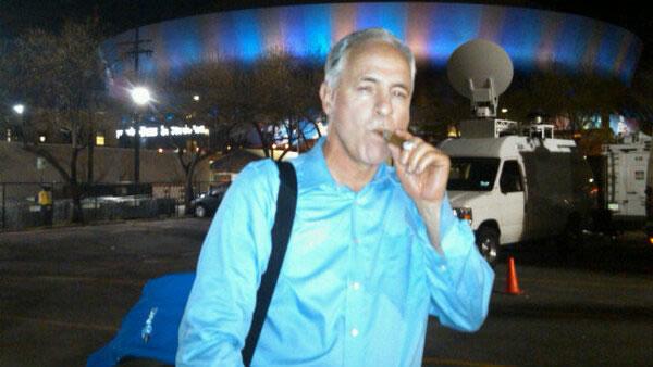 Despite the 49ers loss in Super Bowl XLVII, ABC7 sports anchor, and former 49ers receiver, Mike Shumann seeks comfort with a cigar outside of the Superdome in New Orleans.