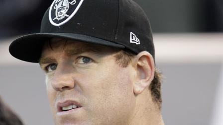 Oakland Raiders quarterback Carson Palmer (3) sits on the bench during the fourth quarter of an NFL football game against the Cleveland Browns in Oakland, Calif., Sunday, Dec. 2, 2012. (AP Photo/Tony Avelar)