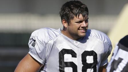 Oakland Raiders tackle Jared Veldheer during their NFL football training camp Friday, Aug. 2, 2013, in Napa, Calif. (AP Photo/Eric Risberg)