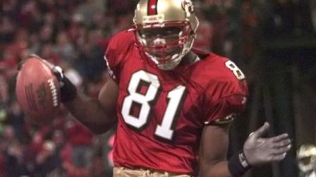 San Francisco 49ers Terrell Owens does his victory dance after his second touchdown, in the second quarter against the New Orleans Saints at San Francisco on Sunday, Nov. 22, 1998. (AP Photo/Susan Ragan)