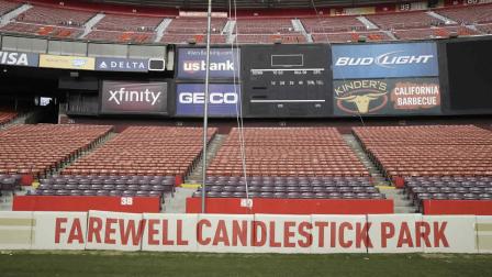 In this photo taken Tuesday, Dec. 17, 2013, a field wall reads Farewell Candlestick Park below seating by the scoreboard at Candlestick Park in San Francisco
