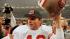 San Francisco 49ers quarterback Joe Montana raises his helmet toward the crowd as he leaves the field following the teams 55-10 victory over the Denver Broncos in the Super Bowl in New Orleans, La., Jan. 28, 1990. San Francisco 49ers quarterback Joe Montana raises his helmet toward the crowd as he leaves the field following the teams 55-10 victory over the Denver Broncos in the Super Bowl in New Orleans, La., Jan. 28, 1990.