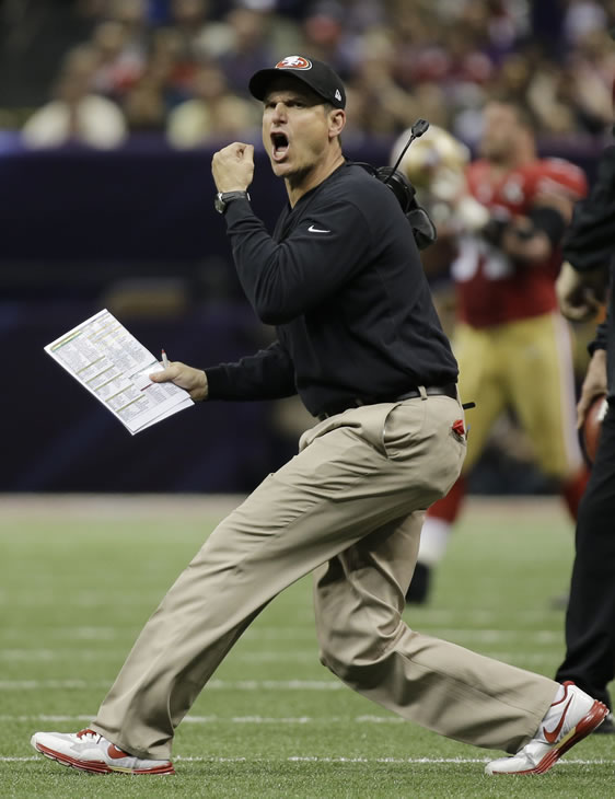 San Francisco 49ers head coach Jim Harbaugh reacts to a play during the first half of the NFL Super Bowl XLVII football game against the Baltimore Ravens, Sunday, Feb. 3, 2013, in New Orleans. (AP Photo/Matt Slocum)