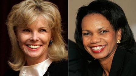 FILE - At left, in a March 24, 2011 file photo, Darla Moore speaks to students at the University of South Carolina in Columbia, S.C. At right, in a Jan. 24, 2008 file photo, U.S. Secretary of State Condoleeza Rice smiles during a meeting with trade union leaders in Medellin, Colombia. For the first time in its 80-year history, Augusta National Golf Club has female members. The home of the Masters, under increasing criticism the last decade because of its all-male membership, invited former Secretary of State Rice and South Carolina financier Moore to become the first women in green jackets when the club opens for a new season in October.