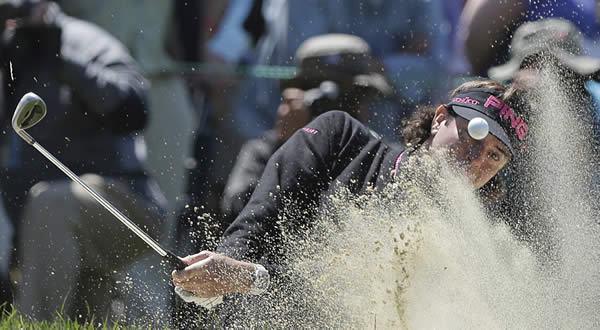 Bubba Watson hits out of a bunker on the fifth hole during the second round of the U.S. Open Championship golf tournament