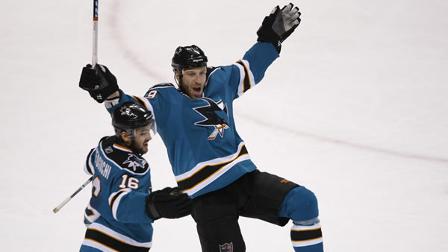 San Jose Sharks left wing Ryane Clowe (29) and San Jose Sharks right wing Devin Setoguchi (16) in Game 2 of the NHL hockey Western Conference semifinals.