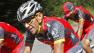 Lance Armstrong of the US, center right,, rides with his teammates during a training on the rest day of the Tour de France cycling race in Morzine-Avoriaz, France, Monday, July 12, 2010.