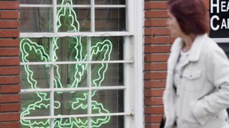 In this Tuesday Jan. 26, 2010 picture, a pedestrian walks past a marijuana leaf neon sign advertising a medical marijuana provider along a street in the Sherman Oaks section of Los Angeles, Calif.