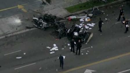 A stolen squad car that was demolished after slamming in to a Starbucks and a light pole in Los Angeles