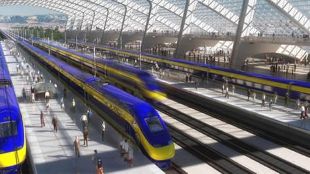 This image provided by the California High Speed Rail Authority shows an artists rendering of a high-speed train station