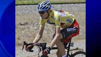 Overall race leader Tejay Van Garderen rides with the yellow jersey during stage 7 of the Tour of California cycling race in Byron