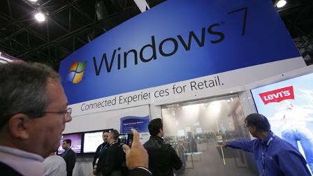 A display for Microsofts Windows 7, and its applications for a digital retail experience, is shown Monday, Jan. 11, 2010 at the National Retail Federations convention in New York. (AP Photo/Mark Lennihan)