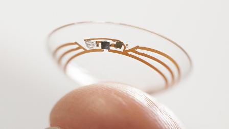 This undated photo released by Google shows a contact lens Google is testing to explore tear glucose
