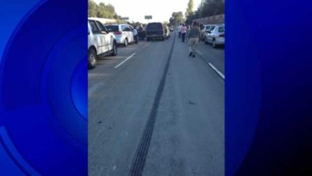 A large black streak caused by tires stretches across a portion of eastbound I-580 near San Leandro. The freeway was closed on Saturday while the CHP and San Leandro police investigated a crash. (Photo: Maggie Kong)