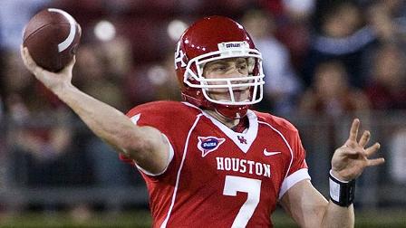 In this Nov. 8, 2008, file photo, Houston quarterback Case Keenum passes during the third quarter of their NCAA college football game against Tulane in Houston. (AP Photo/Dave Einsel, File)