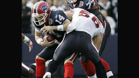 Buffalo BillsRyan Fitzpatrick is tackled by Houston Texans Brian Cushing (56)during the first half of the NFL footballs game in Orchard Park, N.Y., Sunday Nov. 1, 2009.(AP Photo/Dean Duprey)