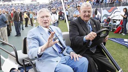 Tennessee Titans owner Bud Adams, left, rides off the field after an NFL football game against the Buffalo Bills in Nashville, Tenn., Sunday, Nov. 15, 2009. The Titans won 41-17. (AP Photo/Wade Payne)