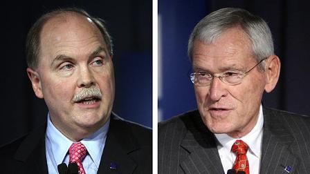 In this combo made from July 10, 2009 photos, General Motors Chief Executive Frederick Fritz Henderson, left, and company chairman of the board Ed Whitacre Jr. are shown in Detroit. People familiar with the matter on Tuesday, Dec. 1, 2009 said Henderson will resign and Ed Whitacre Jr. will serve as interim replacement. (AP Photo/Carlos Osorio)