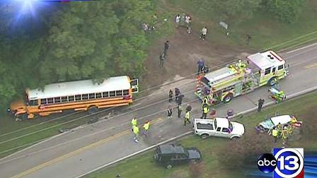 A Klein ISD bus carrying ten students was hit head on by a vehicle (bottom far right) on Tuesday morning.