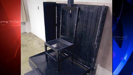 Shown is the firing squad execution chair during a tour of the Utah State Prison at Draper, Utah, Monday, May 5, 2003. The chair is metal, backed by 2x4s with layers of Kevlar attached to the wall. (AP Photo/Douglas C. Pizac)