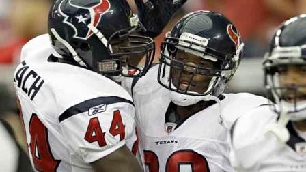 Houston Texans wide receiver Andre Johnson (80) celebrates his touchdown catch with teammates Vonta Leach (44) and Arian Foster against the Arizona Cardinals during the first quarter of an NFL preseason football game Saturday, Aug. 14, 2010, in Glendale, Ariz. (AP Photo/Matt York)