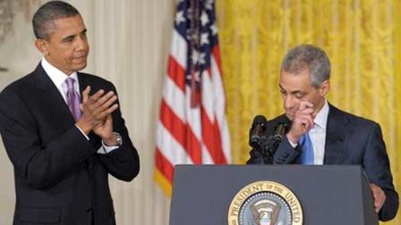 President Barack Obama listens as his outgoing Chief of Staff Rahm Emanuel announces that he will be stepping down to run for Mayor of Chicago, during an event in the East Room of the White House in Washington, Friday, Oct. 1, 2010. Obama announced that Pete Rouse will be interim Chief of Staff. (AP Photo/Susan Walsh)