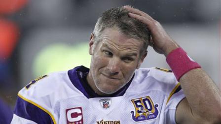 Minnesota Vikings quarterback Brett Favre reacts during the third quarter of an NFL football game between the Minnesota Vikings and the New York Jets Monday, Oct. 11, 2010, in East Rutherford, N.J. (AP Photo/Seth Wenig)