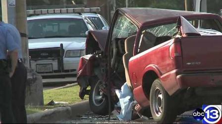 The driver of this pickup -- a 19-year-old man -- died when he crashed into a pole. His two passengers were transported and are expected to recover, officials said.