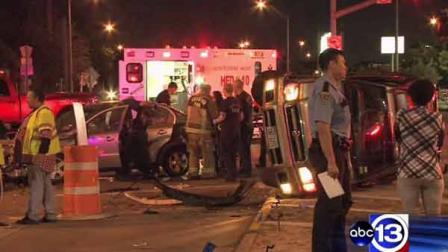 Multiple passengers in this car (pictured on the left) were rushed to the hospital after crashing into the SUV (on the right) early Saturday. The driver of the SUV fled the scene on foot.
