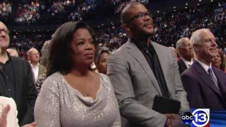 Oprah Winfrey and Tyler Perry attend services at Lakewood Church in Houston on Sunday, November 6, 2011