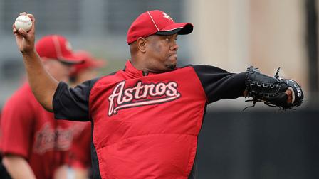 Houston Astros pitcher Livan Hernandez throws during spring training baseball, Tuesday, Feb. 28, 2012, in Kissimmee, Fla. (AP Photo/Julio Cortez)