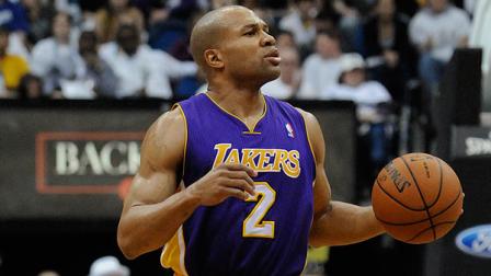 Los Angeles Lakers Derek Fisher in the second half of an NBA basketball game against the Minnesota Timberwolves Friday, March 9, 2012, in Minneapolis. The Lakers won 105-102. (AP Photo/ Jim Mone)