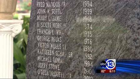 The names listed on this monument are the 11 officers who have been killed in the line of duty since 1954 and are buried at Brookside Memorial Park Cemetery