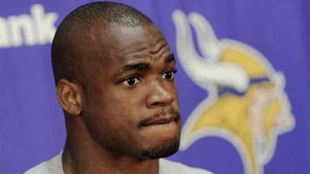 Minnesota Vikings NFL football running back Adrian Peterson talks about his rehab following surgery for a torn ACL suffered last season, as he addressed reporters during minicamp Wednesday, June 20, 2012, in Eden Prairie, Minn. (AP Photo/Jim Mone)