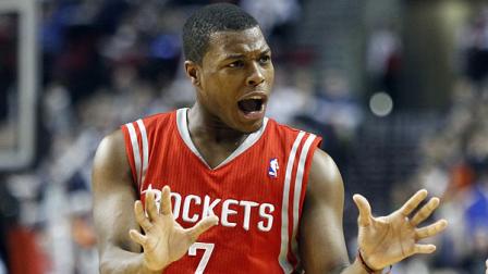 Houston Rockets guard Kyle Lowry reacts after he is called for a foul during the second half of their NBA basketball game against the Portland Trail Blazers in Portland, Ore., Monday, April 9, 2012. Houston beat the Blazers 94-89.(AP Photo/Don Ryan)