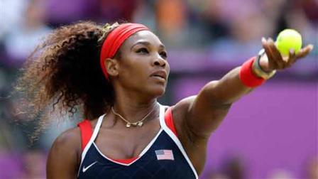 United States Serena Williams serves to Maria Sharapova of Russia in the womens singles gold medal match at the All England Lawn Tennis Club at Wimbledon, in London, at the 2012 Summer Olympics, Saturday, Aug. 4, 2012. (AP Photo/Elise Amendola)