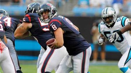 Houston Texans quarterback Matt Schaub (8) scrambles against the Carolina Panthers during the first half of an NFL preseason football game in Charlotte, N.C., Saturday, Aug. 11, 2012. (AP Photo/Mike McCarn)