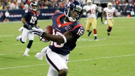 Houston Texans Trindon Holliday (16) is all alone as he runs down the sidelines on his way to a touchdown against the San Francisco 49ers in the fourth quarter an NFL preseason football game Saturday, Aug. 18, 2012, in Houston. (AP Photo/David J. Phillip)