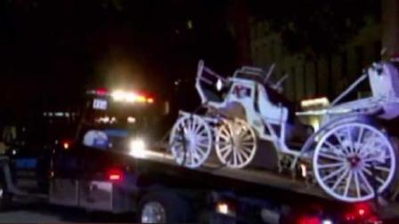 Two people in this horse-drawn carriage were hurt when a car slammed into it in downtown Houston