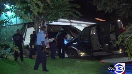 Police say someone put bricks on the gas pedal of a pickup truck, which then slammed into a home in southwest Houston.