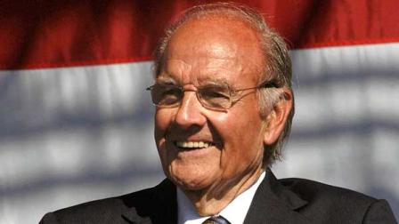 In this Oct. 7, 2006 file photo, former U.S. Sen. George McGovern smiles during the dedication of the George and Eleanor McGovern Library in Mitchell, S.D. A family spokesman said McGovern passed away peacefully, surrounded by family and life-long friends early Sunday morning Oct. 21, 2012. He was 90. (AP Photo/Doug Dreyer, File)