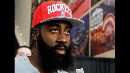Newly acquired Houston Rockets guard James Harden speaks at an NBA basketball news conference, Monday, Oct. 29, 2012, in Houston. Rockets general manager Daryl Morey officially introduced Harden on Monday. Harden joined Houston in a stunning trade with the Oklahoma City Thunder on Saturday night. (AP Photo/Pat Sullivan)