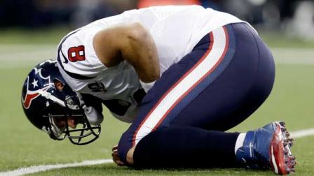 Houston Texans quarterback Matt Schaub (8) picks himself up after a hit by Detroit Lions defensive tackle Ndamukong Suh during the first quarter of an NFL football game at Ford Field in Detroit, Thursday, Nov. 22, 2012. (AP Photo/Paul Sancya)