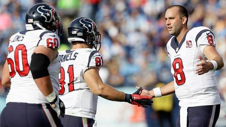 Houston Texans quarterback Matt Schaub (8) congratulates Owen Daniels (81) and Ben Jones (60) after a play against the Tennessee Titans in the first quarter of an NFL football game on Sunday, Dec. 2, 2012, in Nashville, Tenn. (AP Photo/Wade Payne)