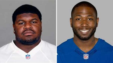 Josh Brent (left) of the Dallas Cowboys NFL football team is shown. Brent is facing an intoxication manslaughter charge after a one-vehicle accident that killed teammate Jerry Brown (right). The Cowboys signed Brown to their practice squad on Oct. 24, but he hasnt been on the active roster. Irving police spokesman John Argumaniz said the accident happened about 2:20 a.m. in Saturday, Dec. 7, 2012, in the Dallas suburb. (AP Photos/File)