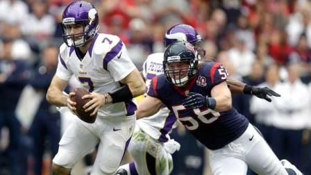 Minnesota Vikings quarterback Christian Ponder (7) is sacked by Houston Texans linebacker Brooks Reed (58) during the first quarter of an NFL football game on Sunday, Dec. 23, 2012, in Houston. (AP Photo/Patric Schneider)